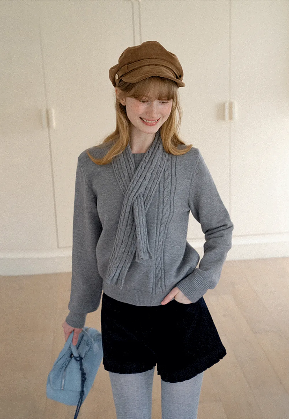 Cropped Ribbed Knit Sweater with Detachable Cowl Neck