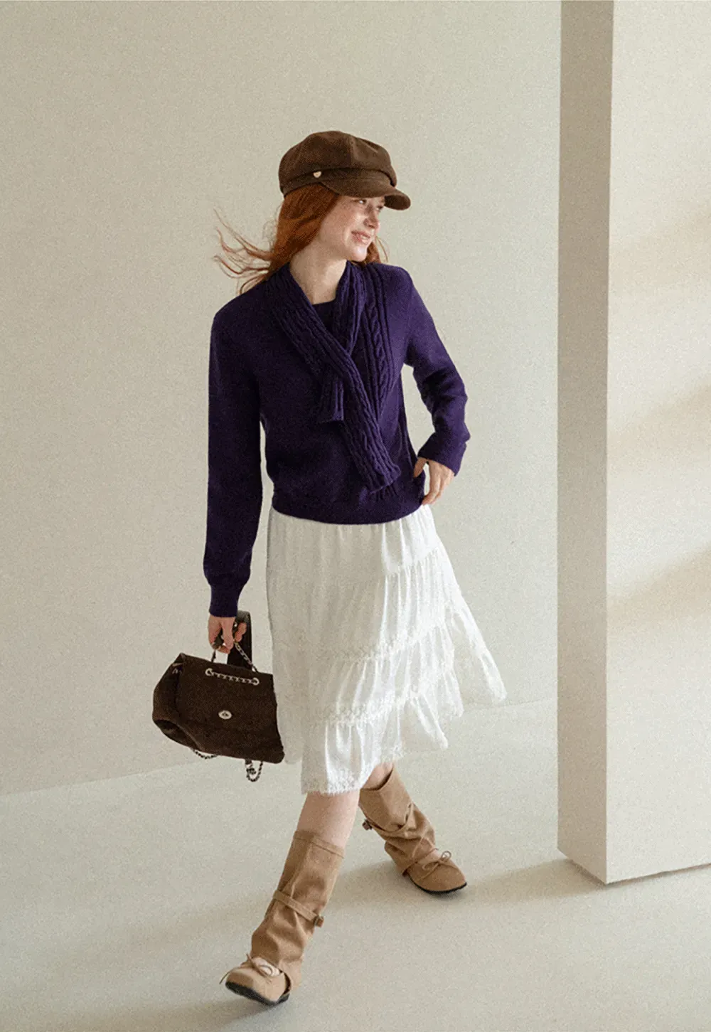 Cropped Ribbed Knit Sweater with Detachable Cowl Neck
