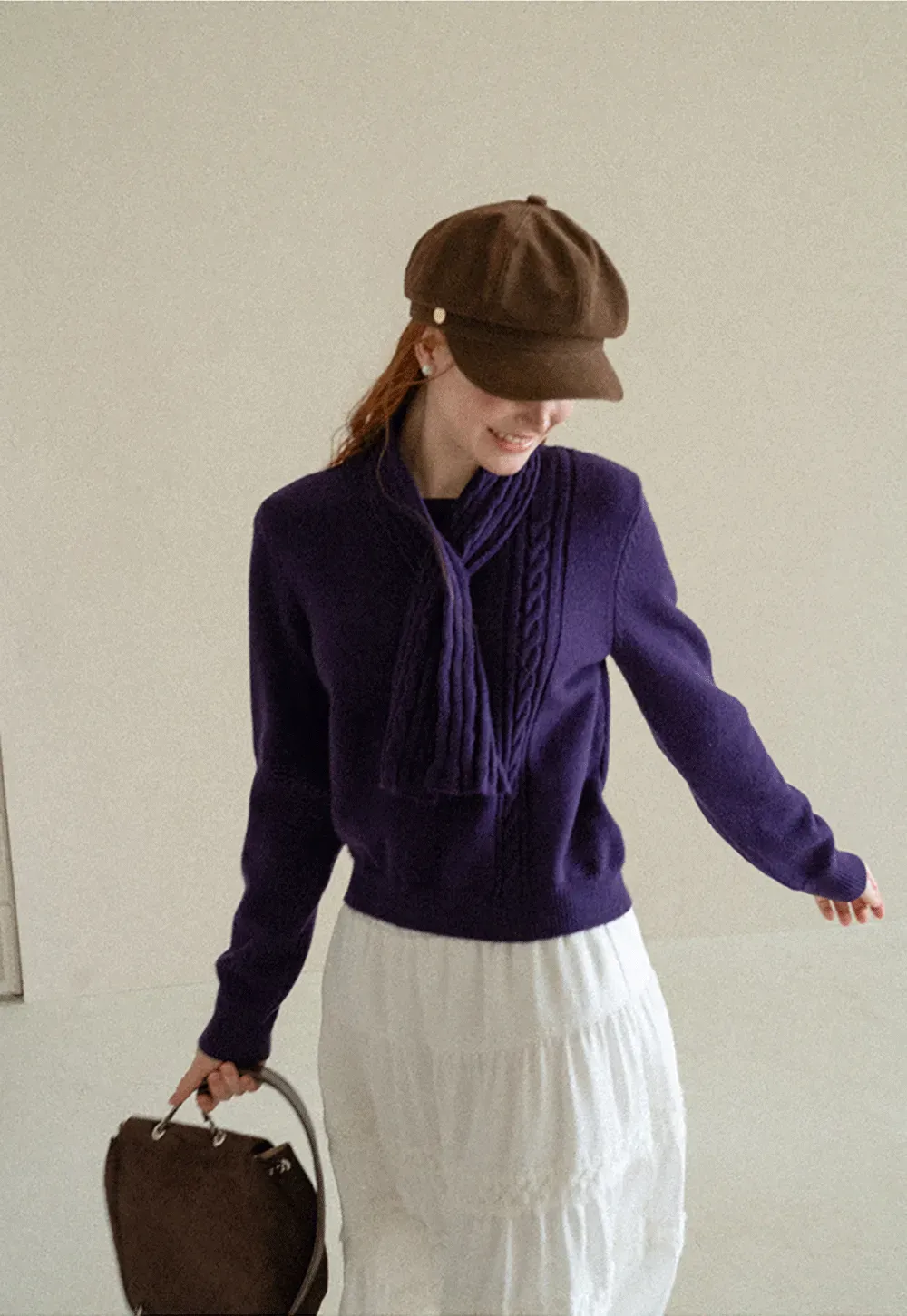 Cropped Ribbed Knit Sweater with Detachable Cowl Neck