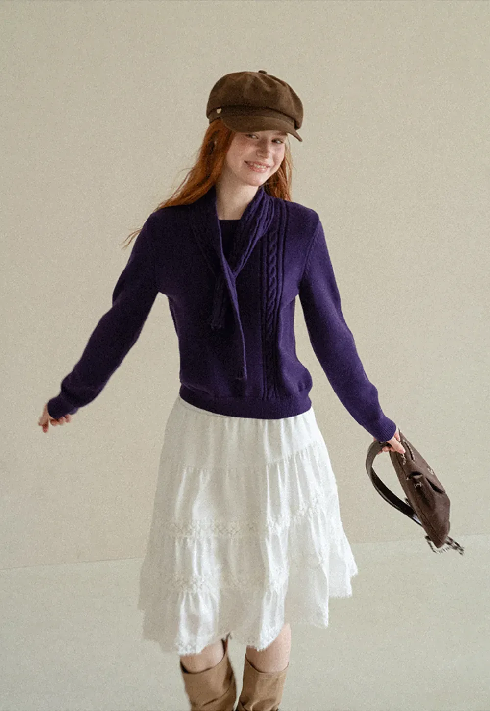 Cropped Ribbed Knit Sweater with Detachable Cowl Neck