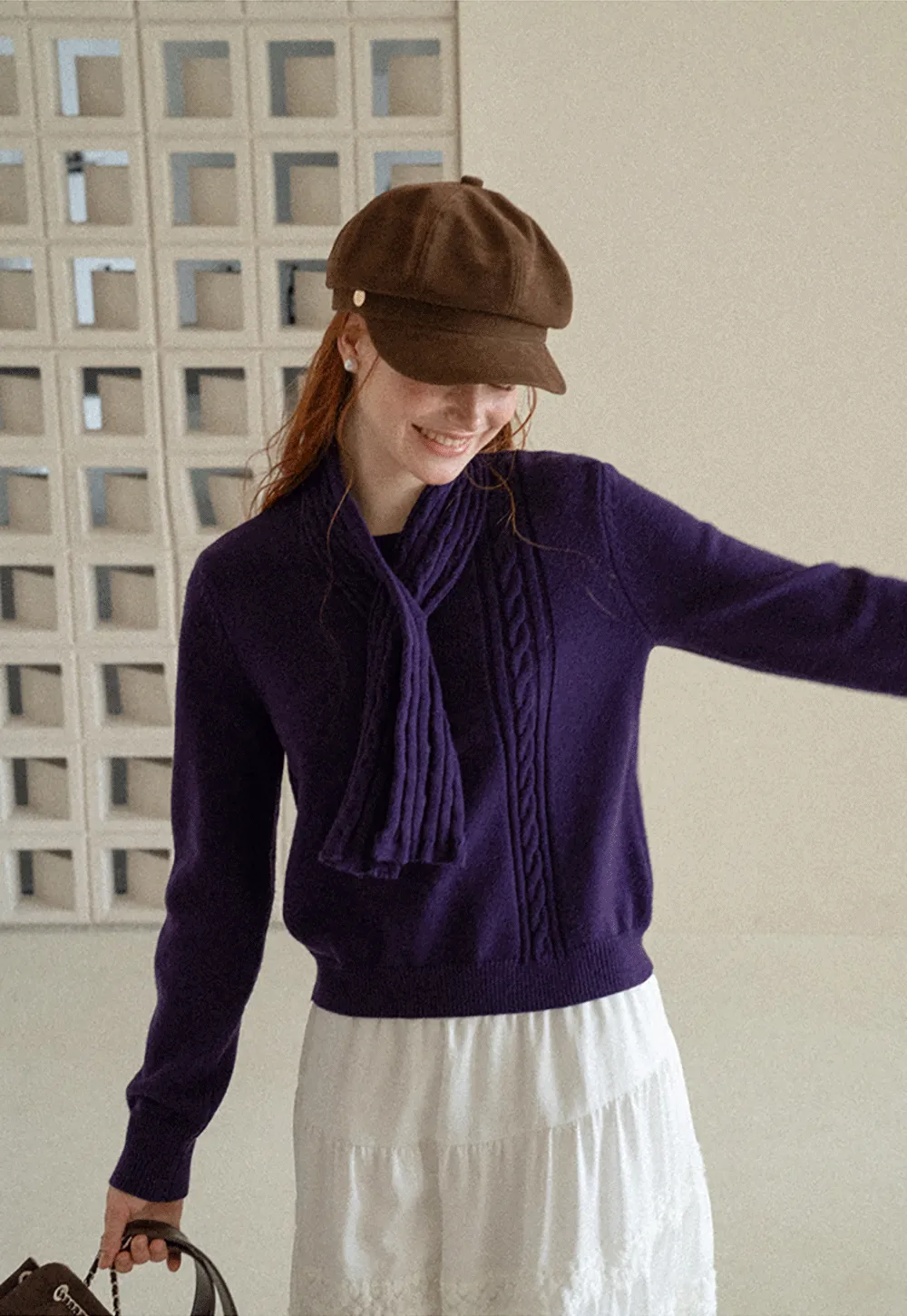 Cropped Ribbed Knit Sweater with Detachable Cowl Neck
