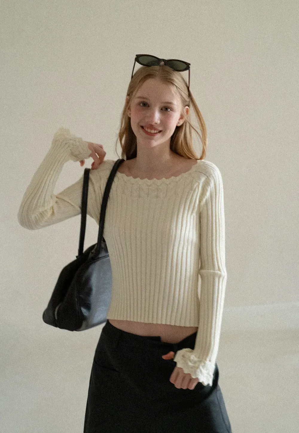Scalloped Neck Ribbed Knit Cropped Sweater