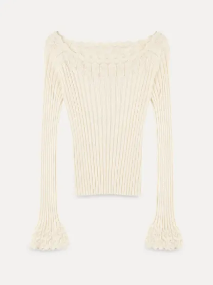 Scalloped Neck Ribbed Knit Cropped Sweater