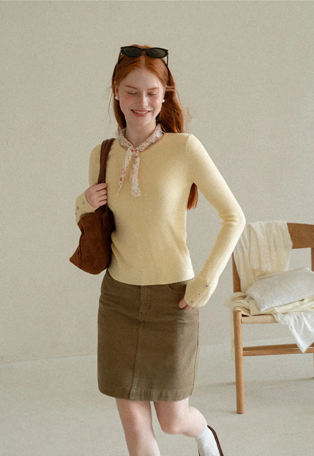 Ribbed Knit Sweater with Buttoned Cuff Detail