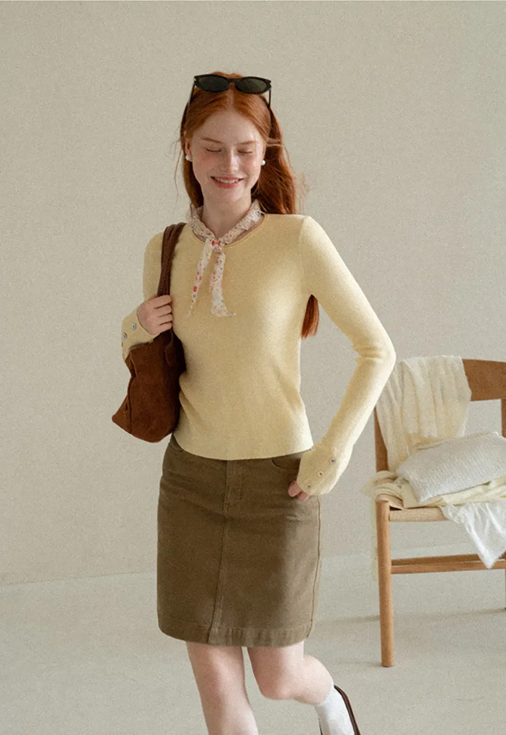 Ribbed Knit Sweater with Buttoned Cuff Detail
