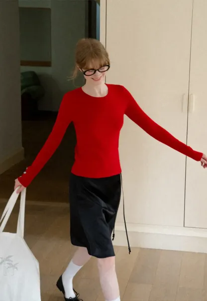 Ribbed Knit Sweater with Buttoned Cuff Detail