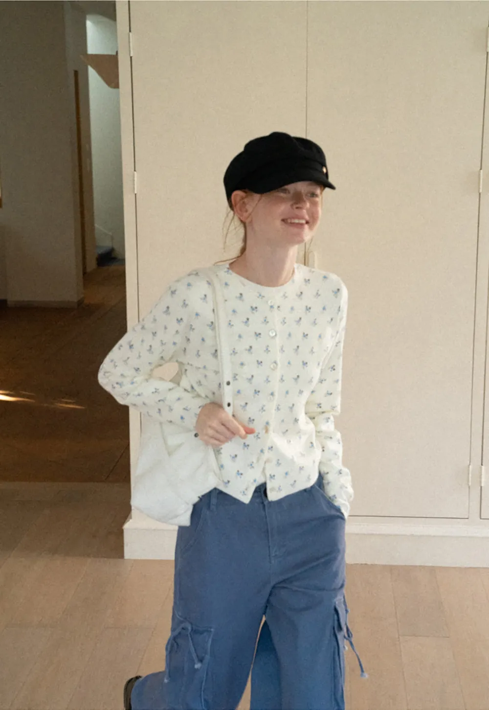 Floral Print Button Front Cardigan Wool Knit Sweater