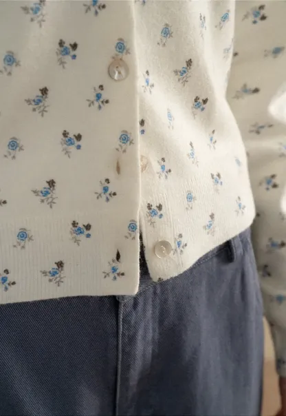 Floral Print Button Front Cardigan Wool Knit Sweater