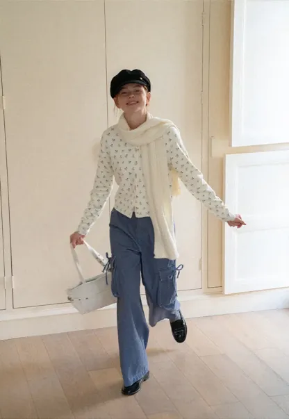 Floral Print Button Front Cardigan Wool Knit Sweater
