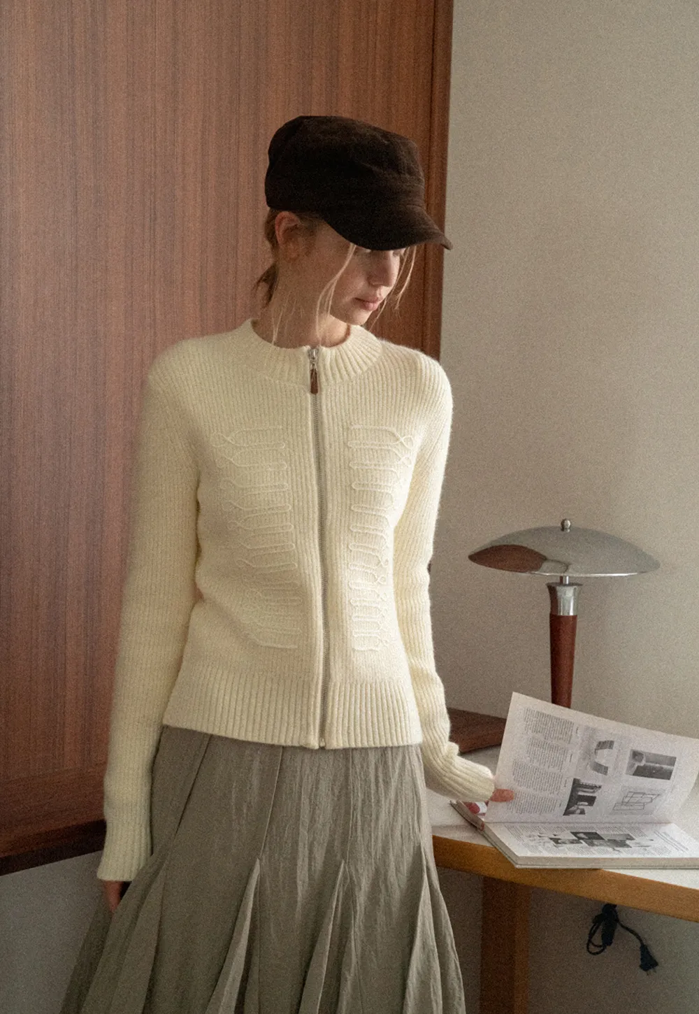 Cable Knit Zip Front Ribbed Woolen Knit Sweater