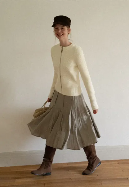 Cable Knit Zip Front Ribbed Woolen Knit Sweater