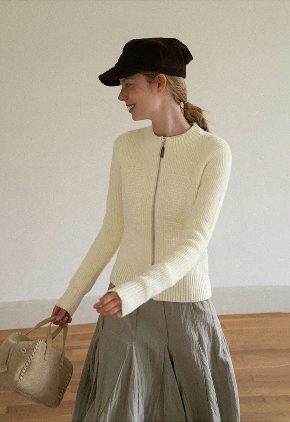 Cable Knit Zip Front Ribbed Woolen Knit Sweater
