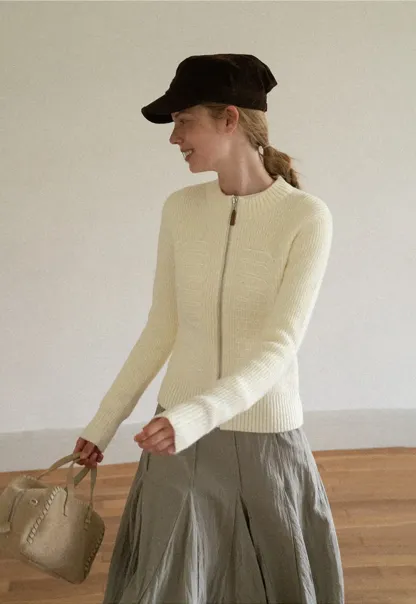 Cable Knit Zip Front Ribbed Woolen Knit Sweater