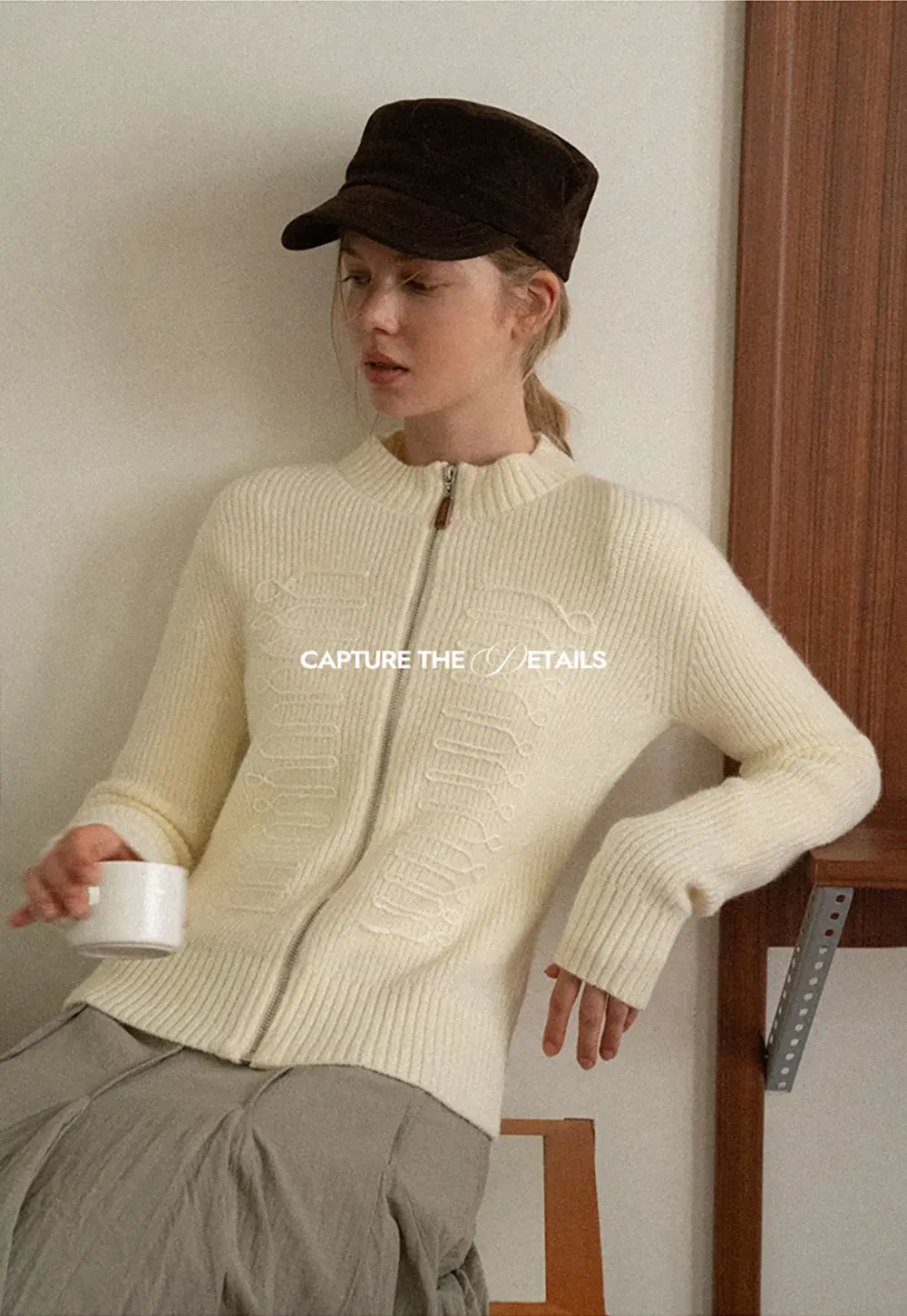 Cable Knit Zip Front Ribbed Woolen Knit Sweater