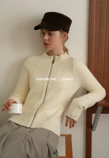 Cable Knit Zip Front Ribbed Woolen Knit Sweater