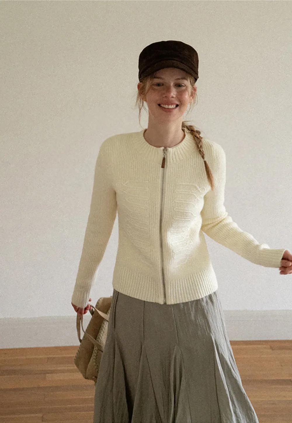 Cable Knit Zip Front Ribbed Woolen Knit Sweater