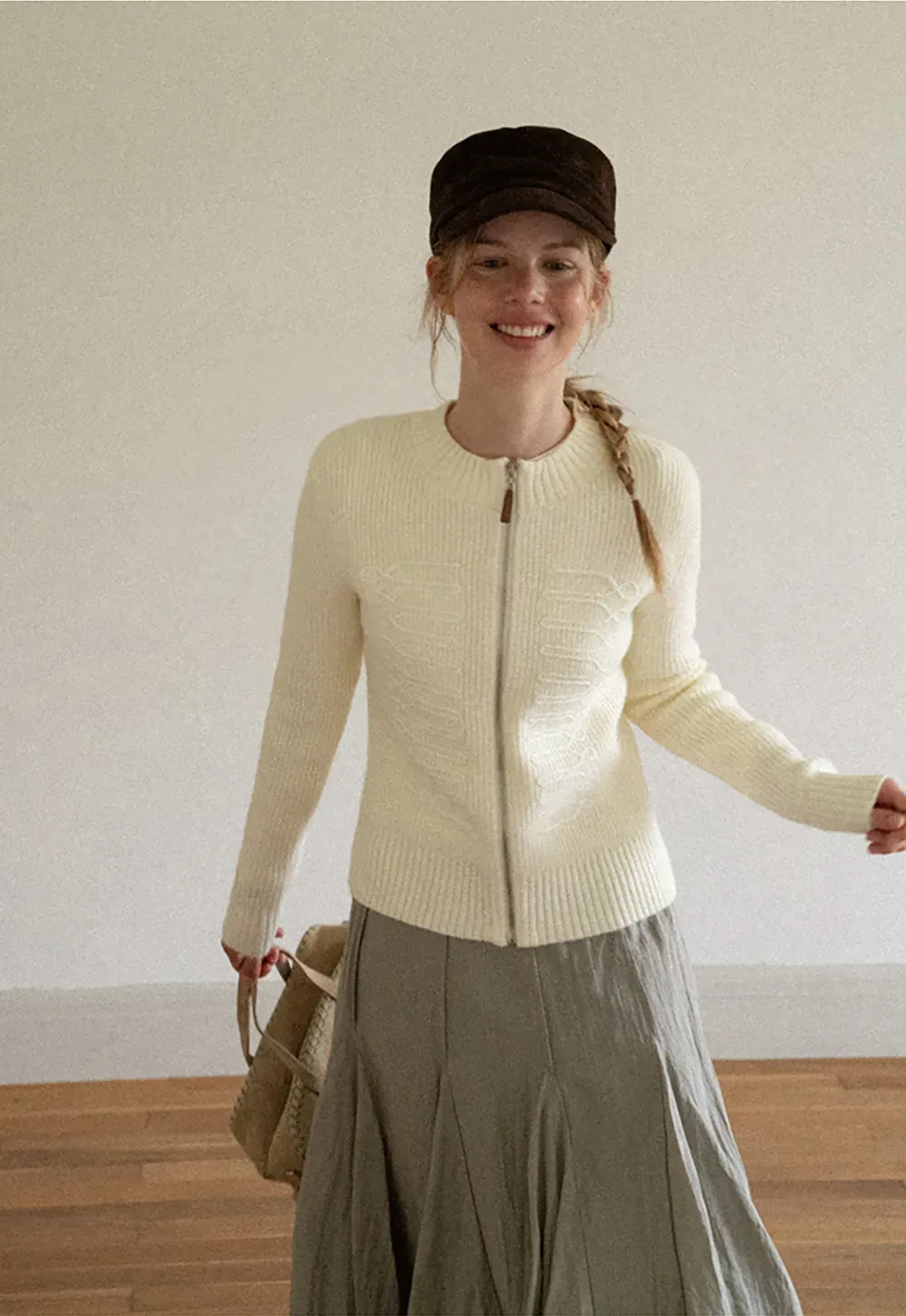 Cable Knit Zip Front Ribbed Woolen Knit Sweater