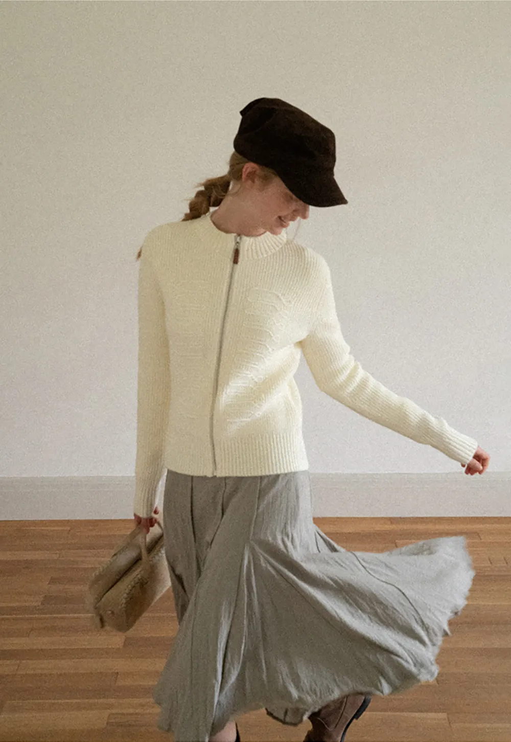 Cable Knit Zip Front Ribbed Woolen Knit Sweater