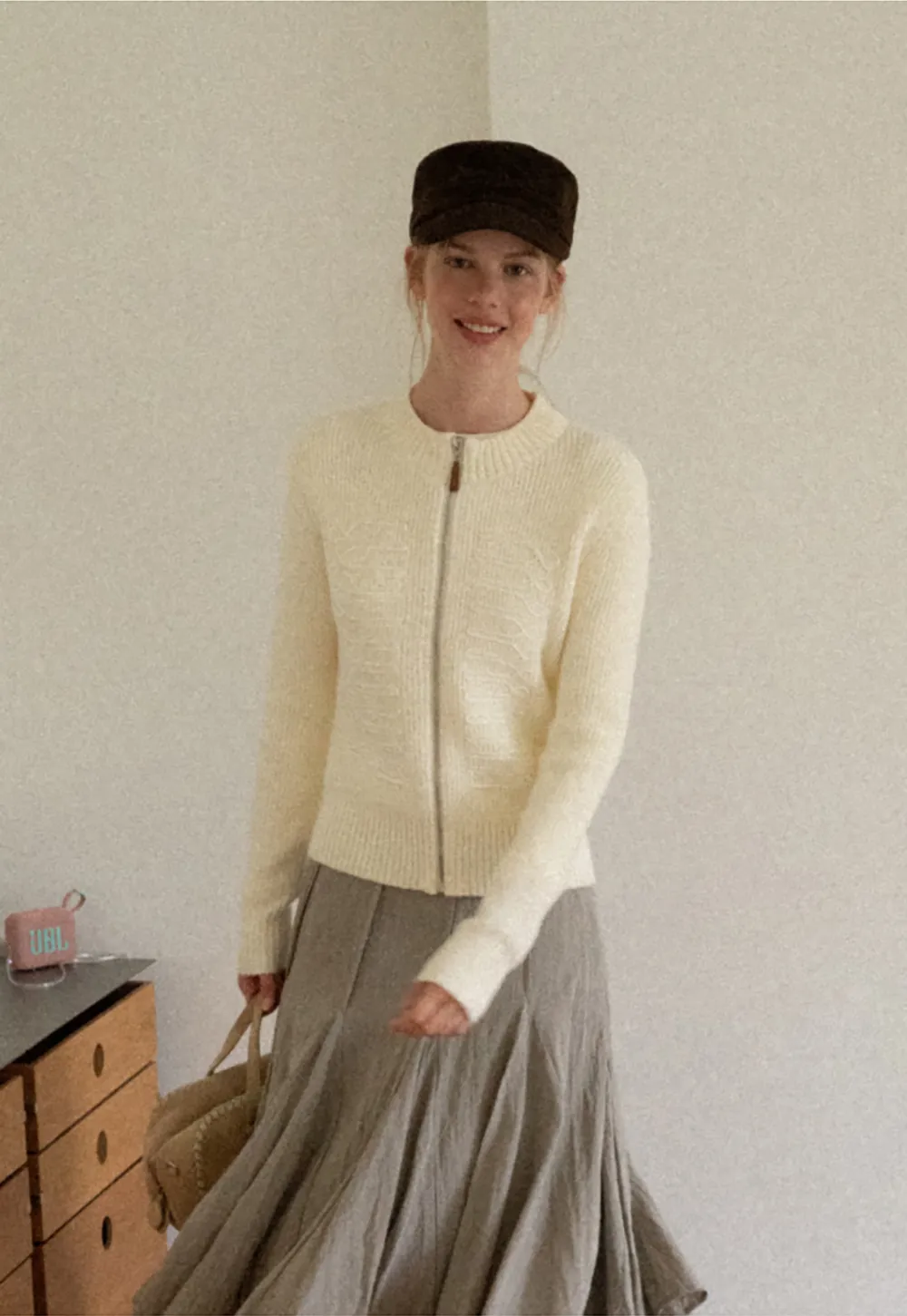 Cable Knit Zip Front Ribbed Woolen Knit Sweater