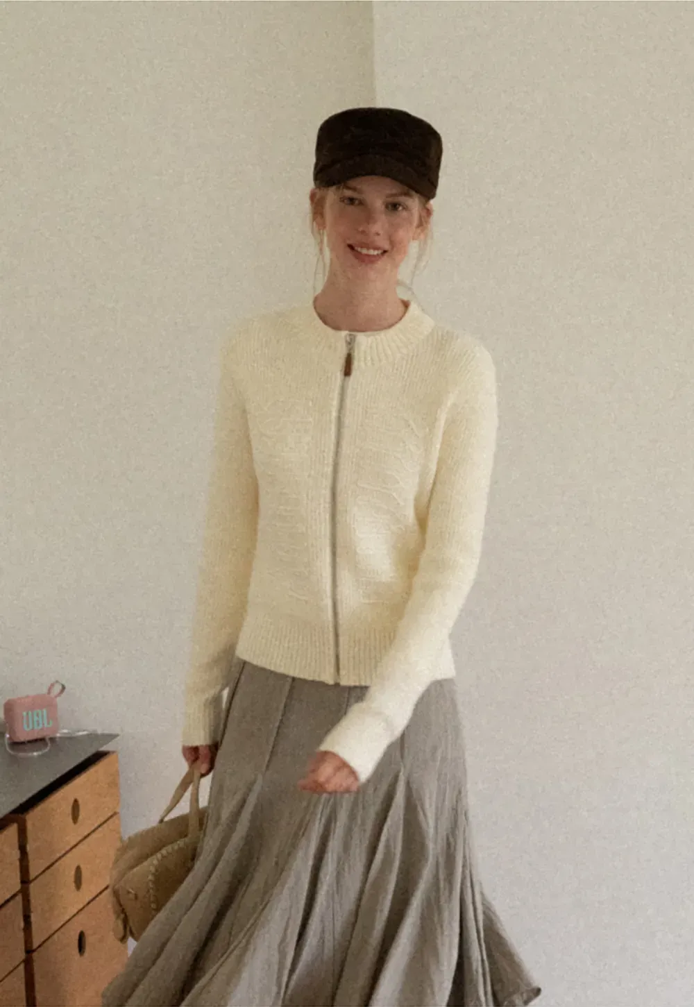 Cable Knit Zip Front Ribbed Woolen Knit Sweater