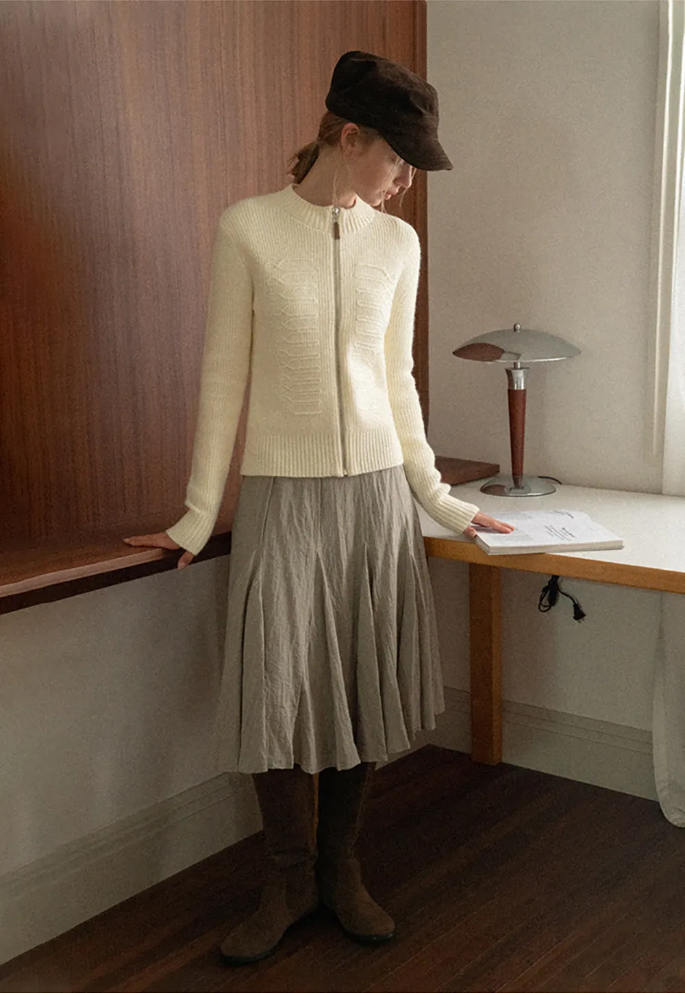 Cable Knit Zip Front Ribbed Woolen Knit Sweater