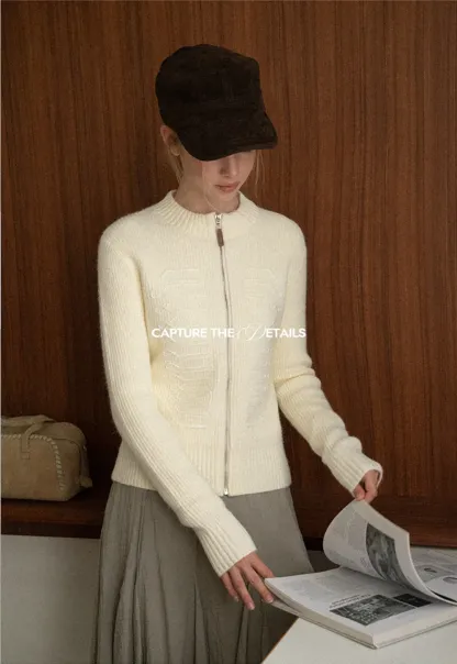 Cable Knit Zip Front Ribbed Woolen Knit Sweater