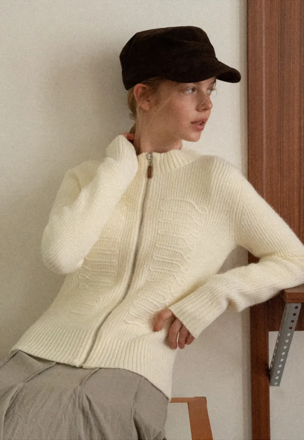 Cable Knit Zip Front Ribbed Woolen Knit Sweater