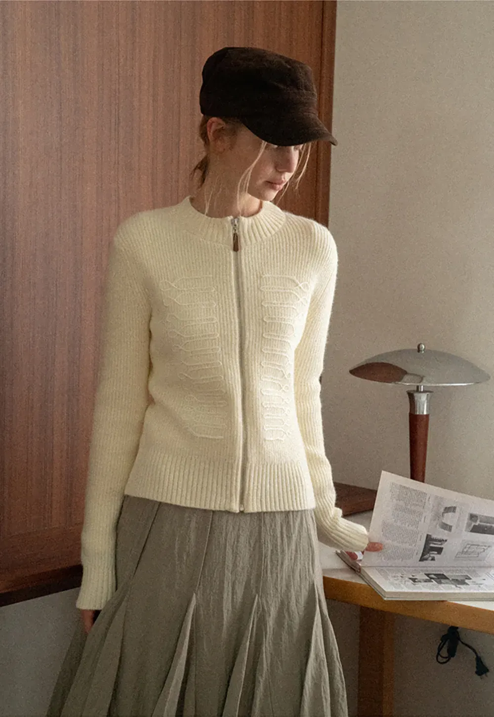 Cable Knit Zip Front Ribbed Woolen Knit Sweater