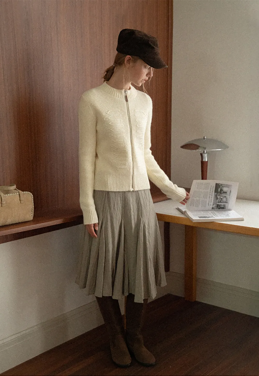 Cable Knit Zip Front Ribbed Woolen Knit Sweater