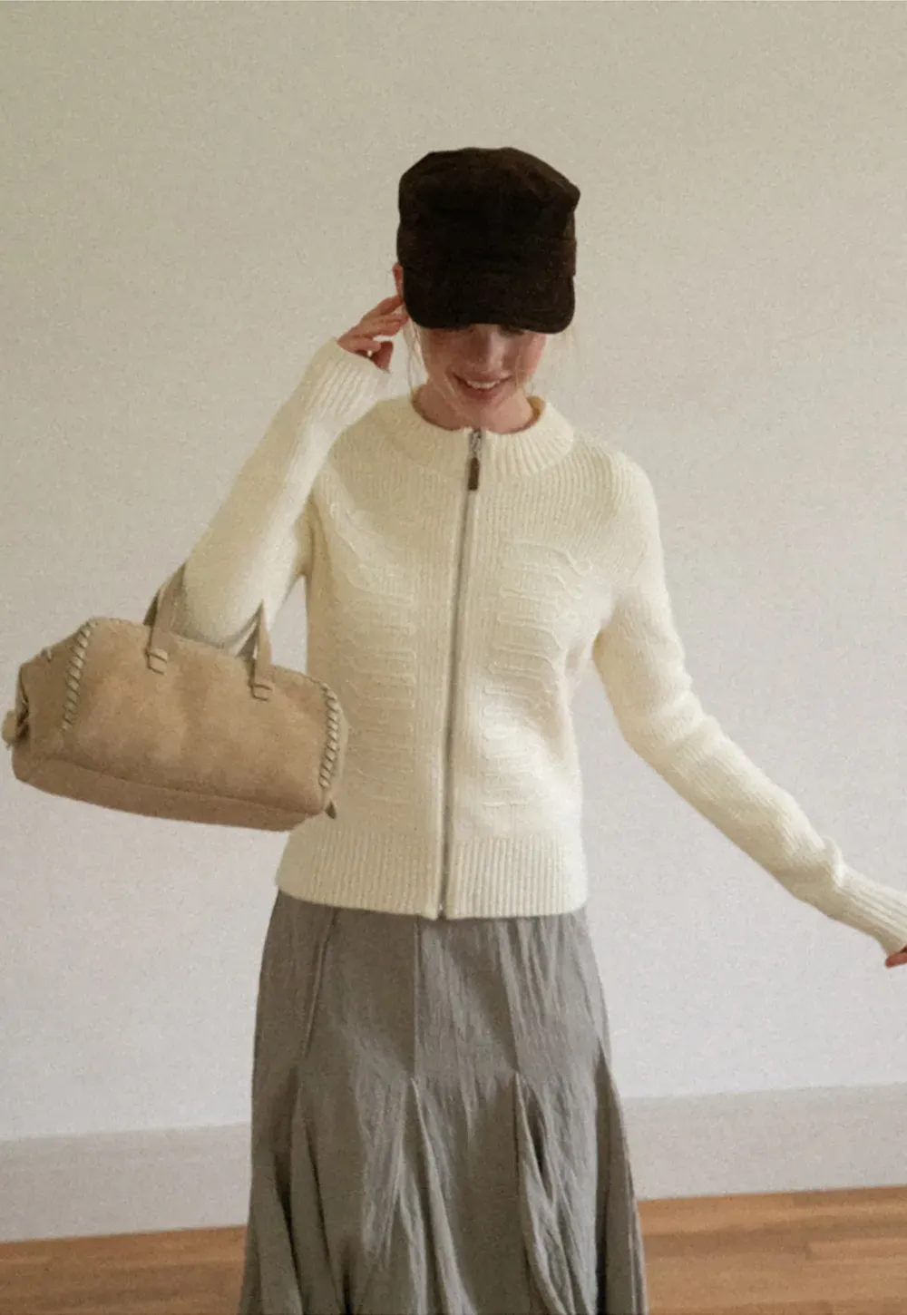 Cable Knit Zip Front Ribbed Woolen Knit Sweater