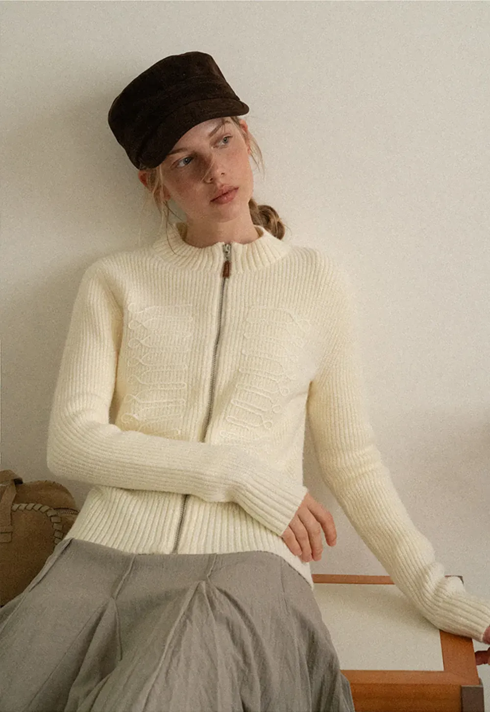 Cable Knit Zip Front Ribbed Woolen Knit Sweater