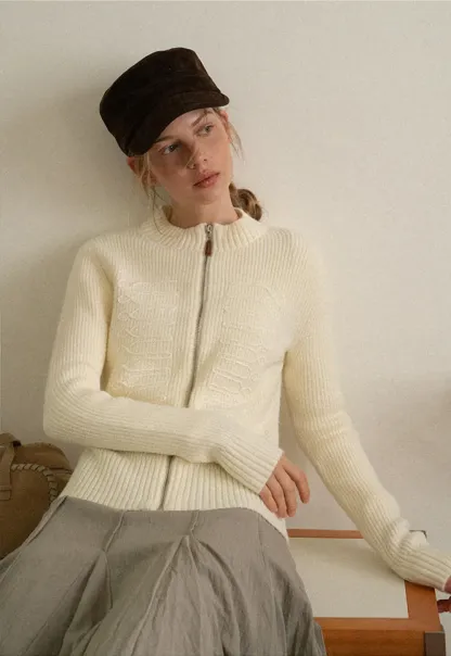 Cable Knit Zip Front Ribbed Woolen Knit Sweater
