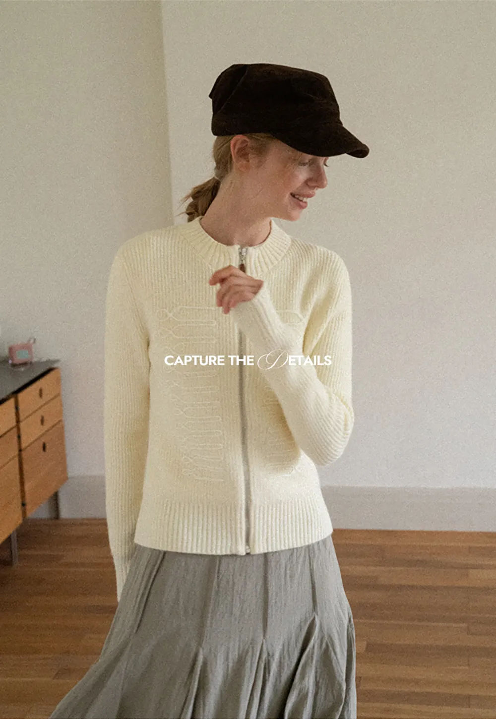 Cable Knit Zip Front Ribbed Woolen Knit Sweater