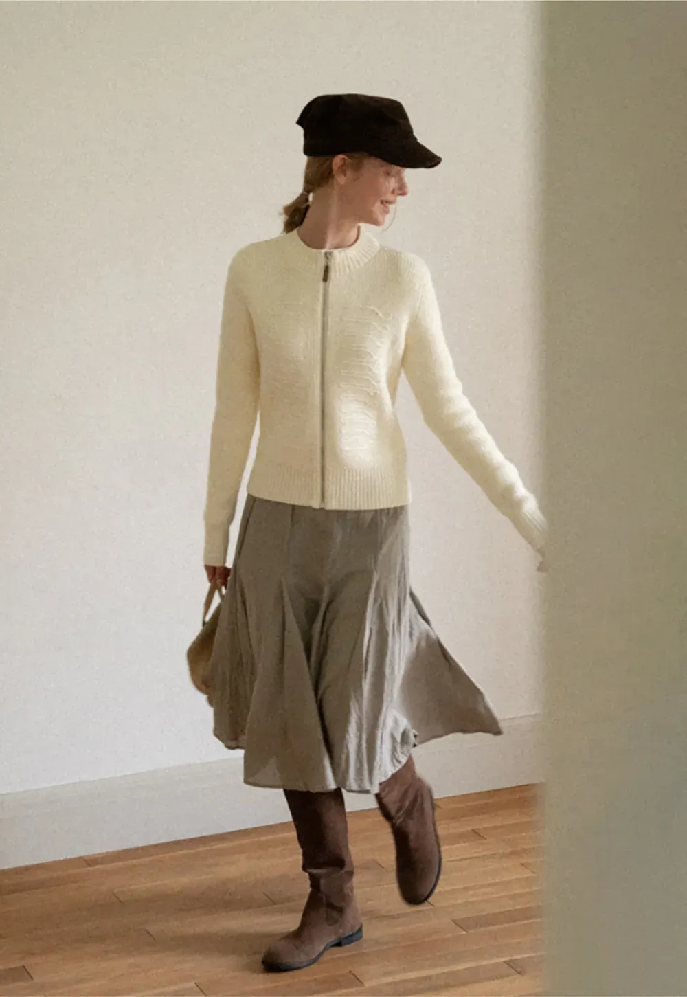 Cable Knit Zip Front Ribbed Woolen Knit Sweater