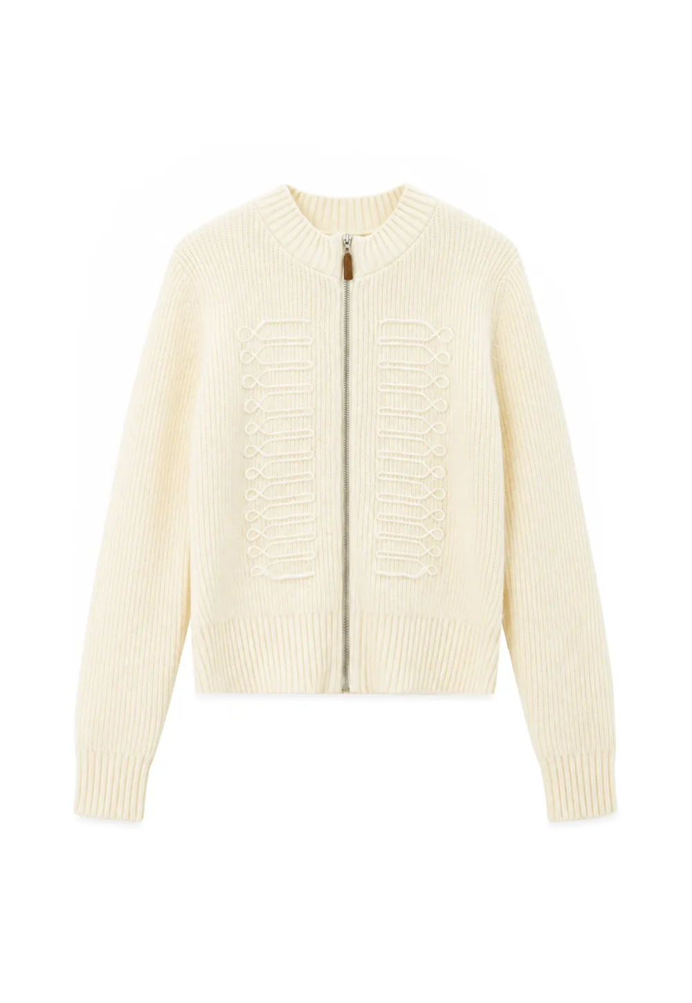 Cable Knit Zip Front Ribbed Woolen Knit Sweater