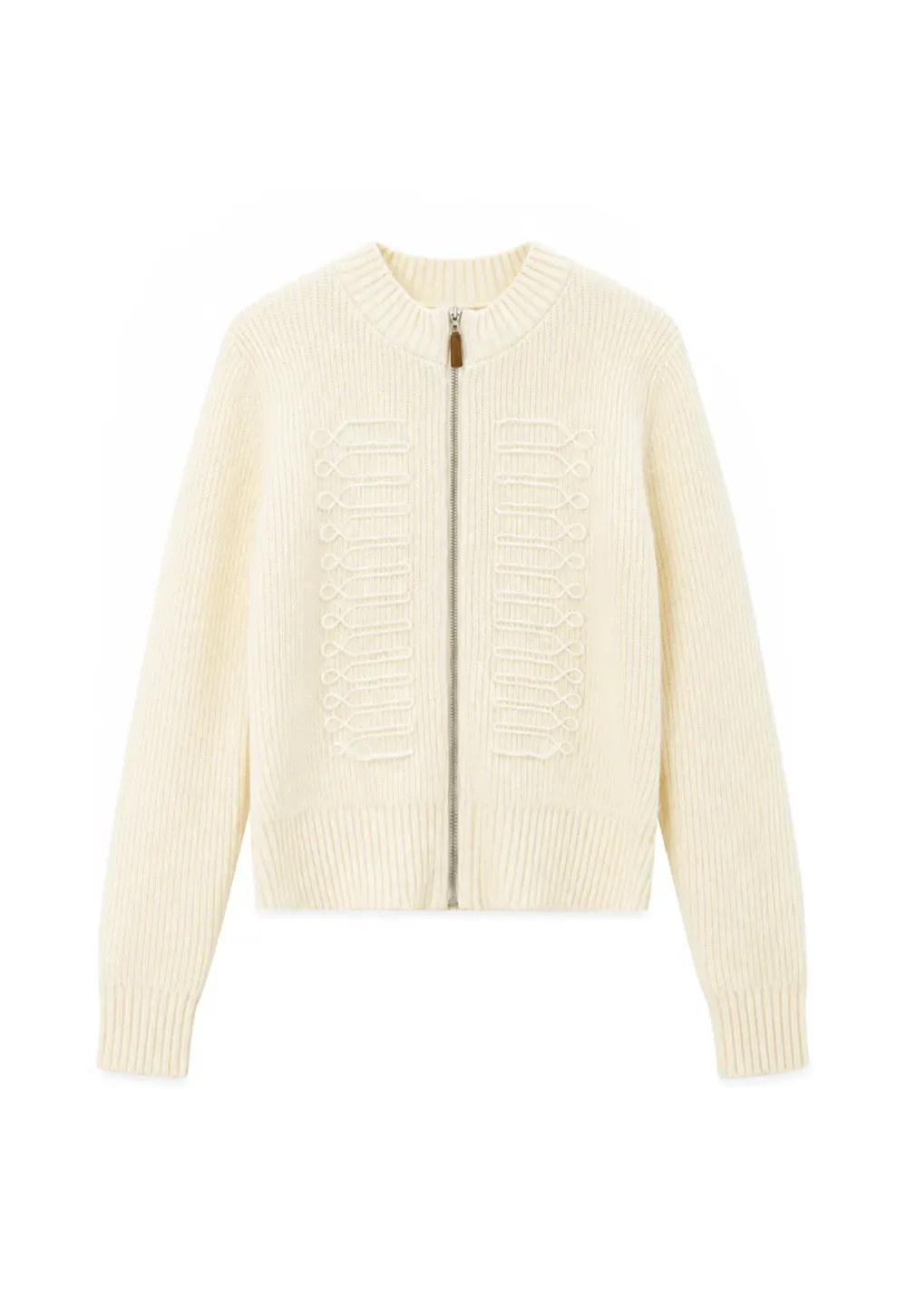Cable Knit Zip Front Ribbed Woolen Knit Sweater