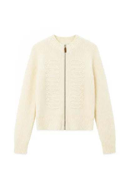 Cable Knit Zip Front Ribbed Woolen Knit Sweater