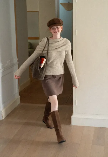 Asymmetrical Draped Cowl Neck Woolen Knit Sweater