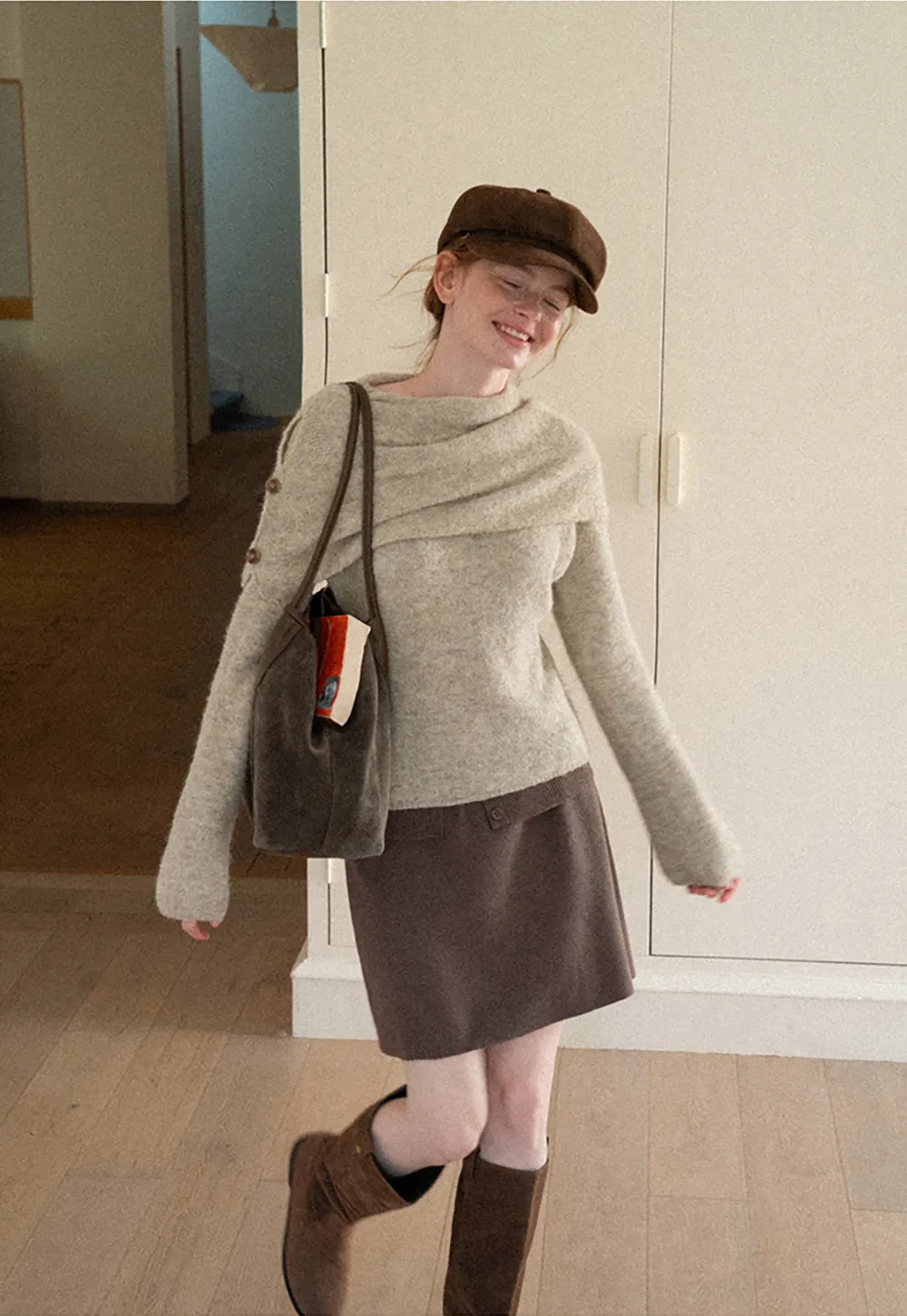 Asymmetrical Draped Cowl Neck Woolen Knit Sweater