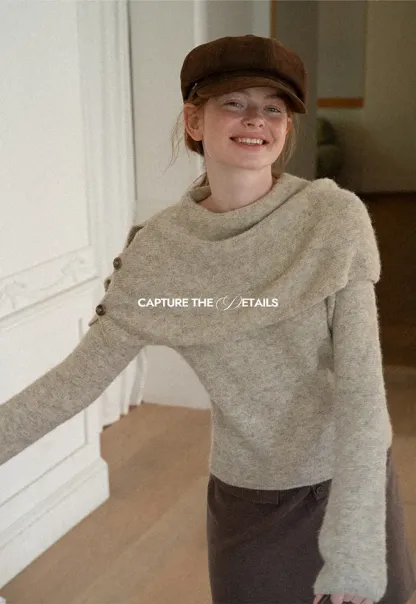 Asymmetrical Draped Cowl Neck Woolen Knit Sweater