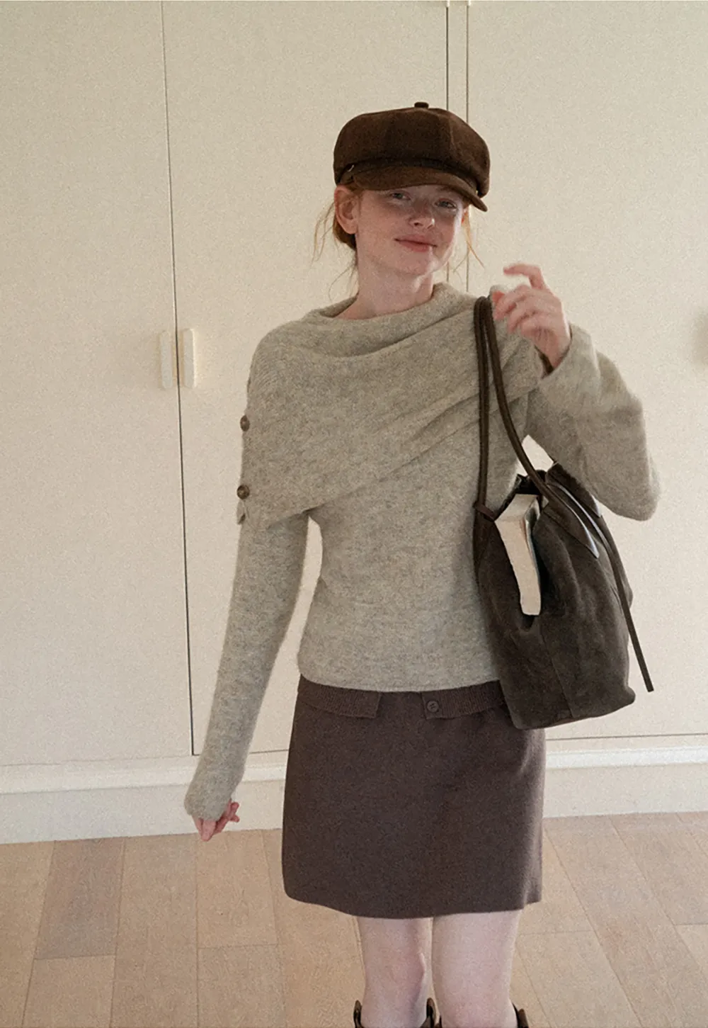 Asymmetrical Draped Cowl Neck Woolen Knit Sweater