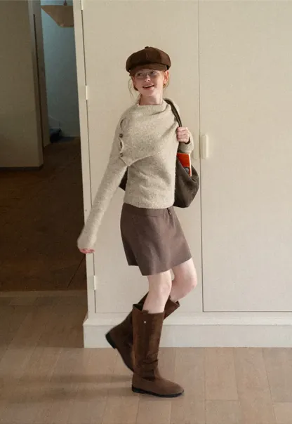 Asymmetrical Draped Cowl Neck Woolen Knit Sweater