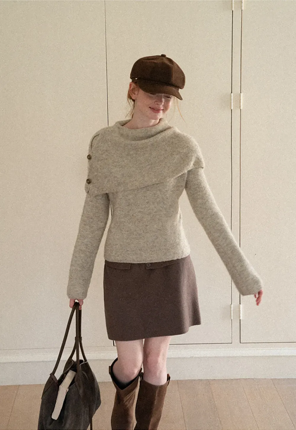 Asymmetrical Draped Cowl Neck Woolen Knit Sweater