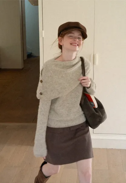 Asymmetrical Draped Cowl Neck Woolen Knit Sweater
