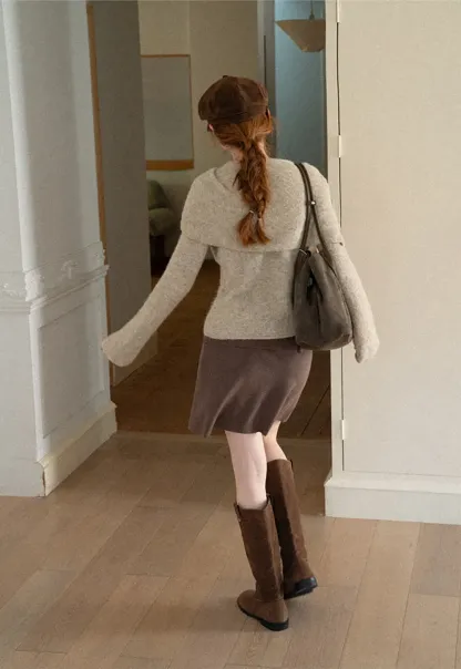 Asymmetrical Draped Cowl Neck Woolen Knit Sweater