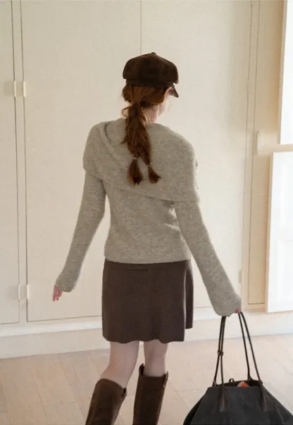 Asymmetrical Draped Cowl Neck Woolen Knit Sweater