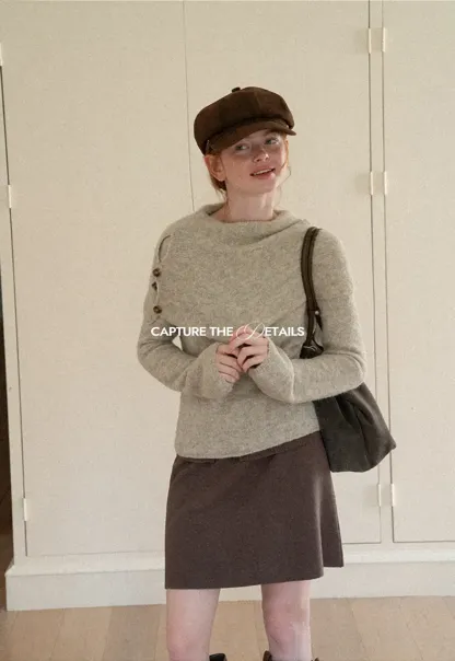 Asymmetrical Draped Cowl Neck Woolen Knit Sweater
