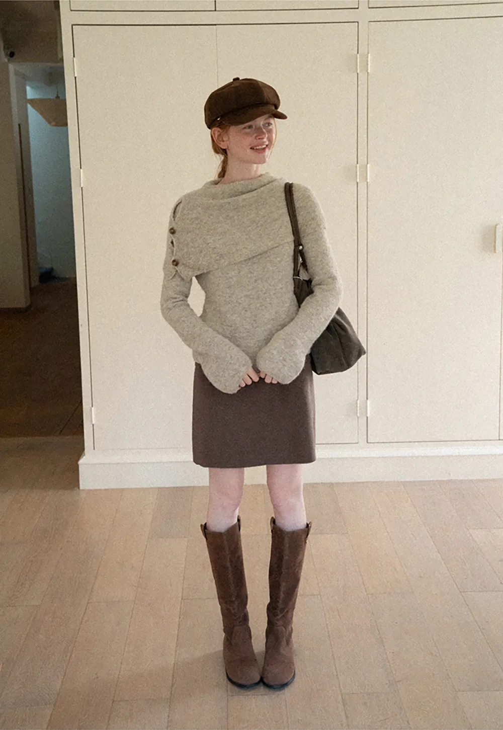Asymmetrical Draped Cowl Neck Woolen Knit Sweater