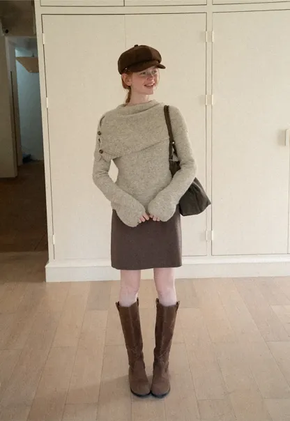 Asymmetrical Draped Cowl Neck Woolen Knit Sweater