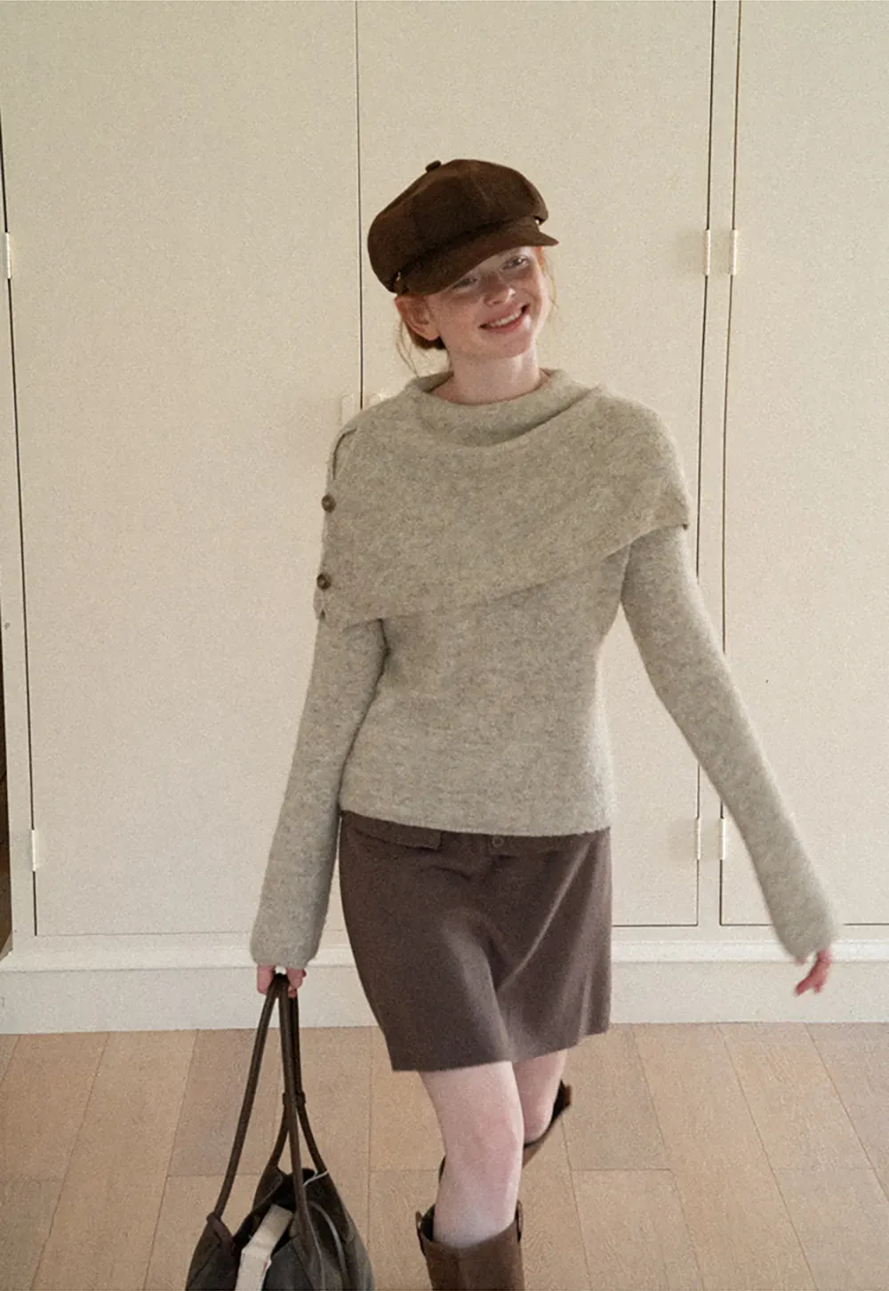 Asymmetrical Draped Cowl Neck Woolen Knit Sweater